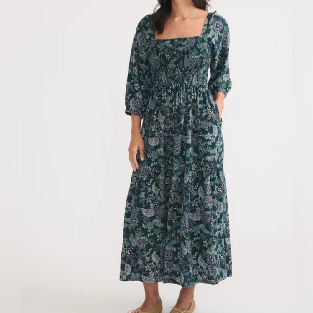 MARINE LAYER IVY SMOCKED DRESS IN FOREST FLORAL - S